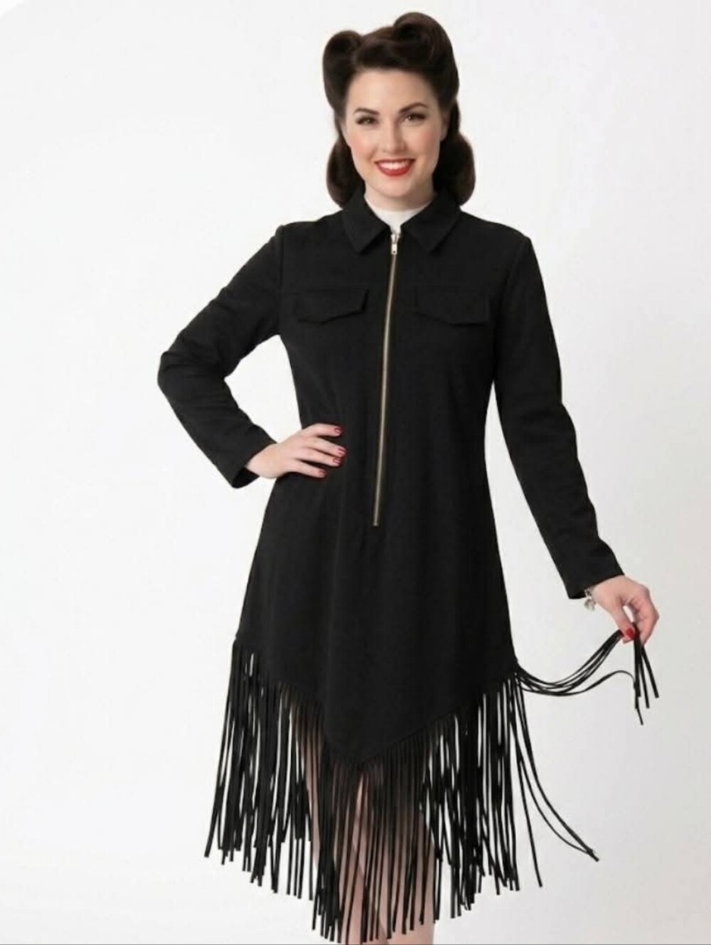 Black Fringe Zip-Front Women's Dress